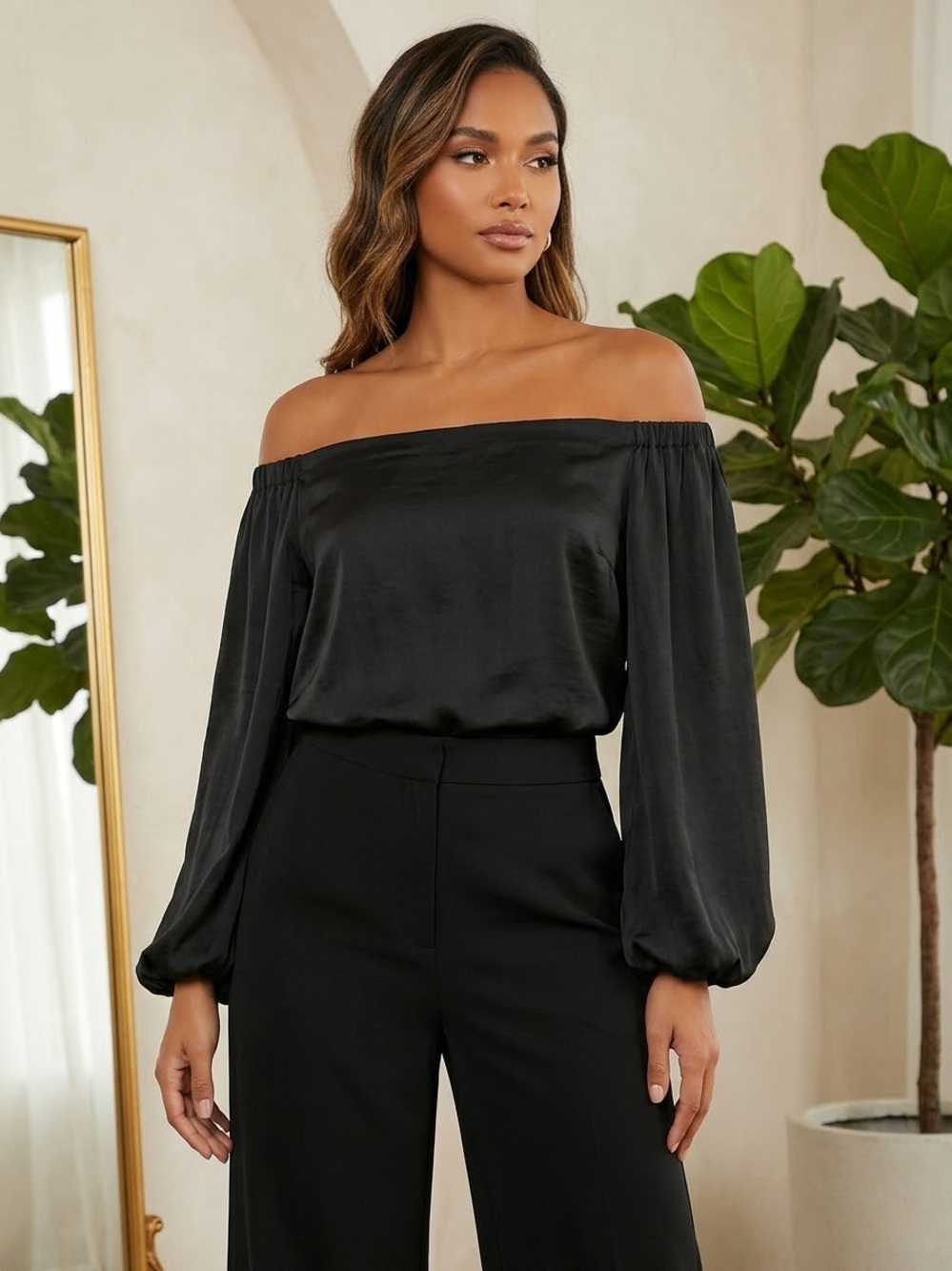 New BANANA REPUBLIC Black Off-The-Shoulder Long Sleeve Top Size Medium